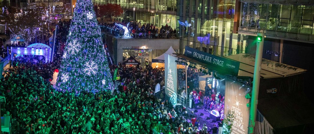 crowd gathers around stage at tree lighting festival